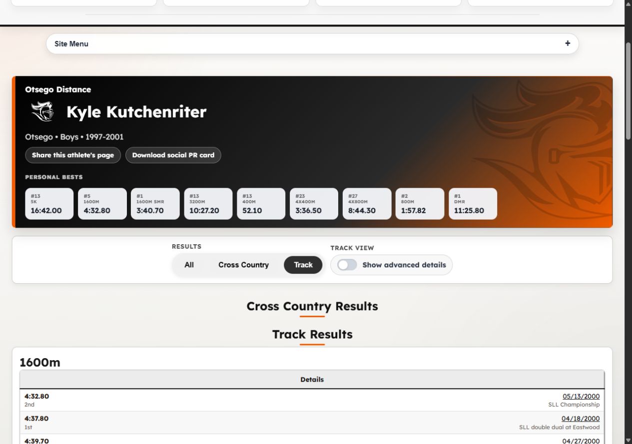 Kyle Kutchenriter's actual OtsegoDistance profile, showing personal bests across individual and relay events and a list of meet results.